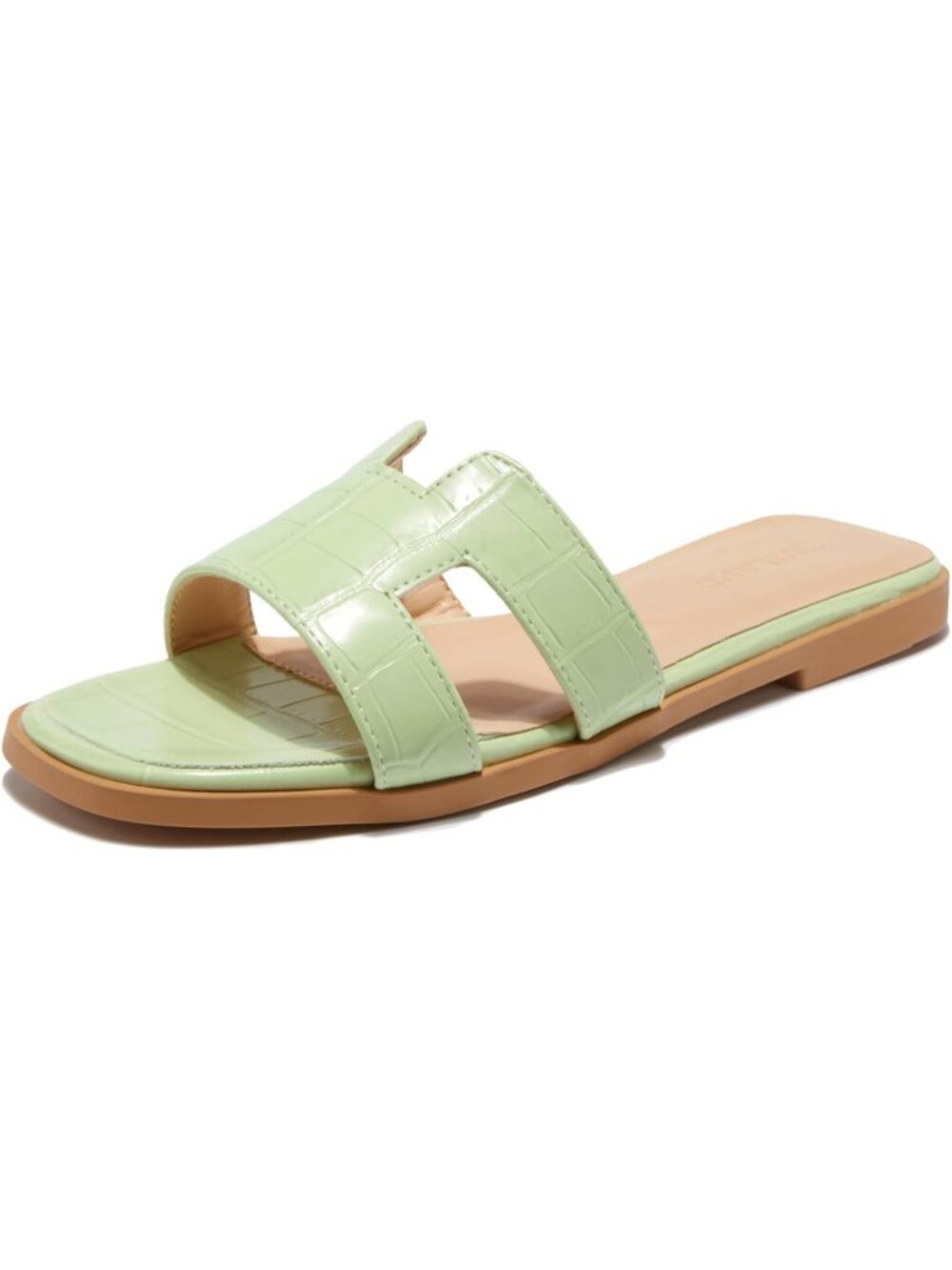 Women's Green Faux Leather Cute Fashion Open Square Toe H Strap Flat Sandals